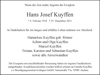 Traueranzeige von Hans Josef Kuyffen von Zeitung am Sonntag