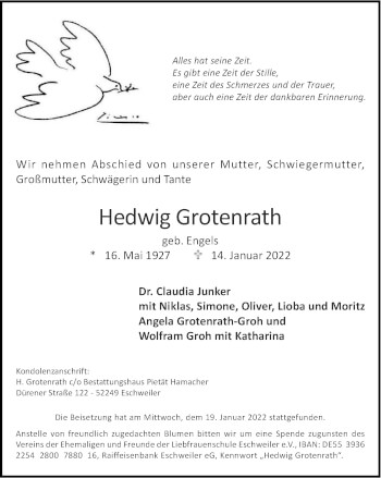 Traueranzeige von Hedwig Grotenrath von Zeitung am Sonntag