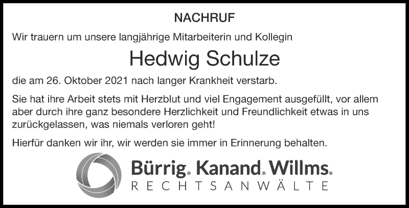  Traueranzeige für Hedwig Schulze vom 08.01.2022 aus Aachener Zeitung / Aachener Nachrichten