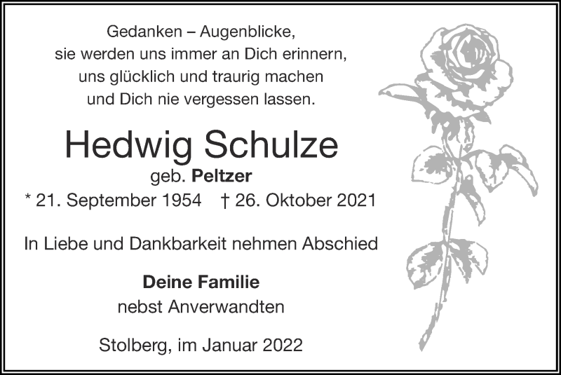  Traueranzeige für Hedwig Schulze vom 09.01.2022 aus Zeitung am Sonntag