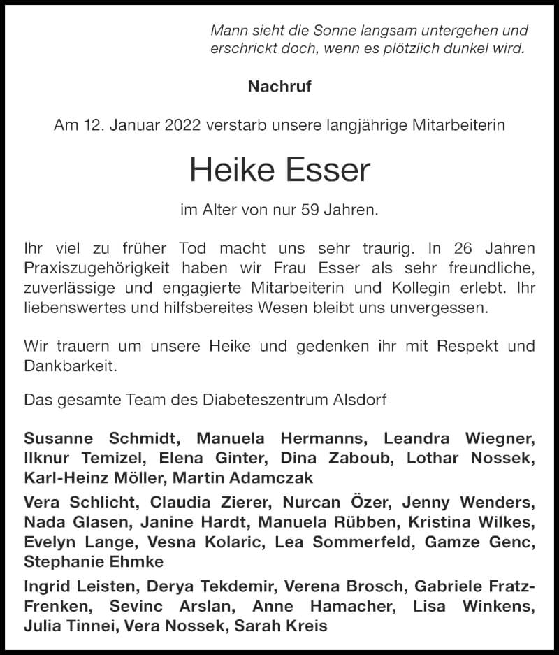  Traueranzeige für Heike Esser vom 23.01.2022 aus Zeitung am Sonntag