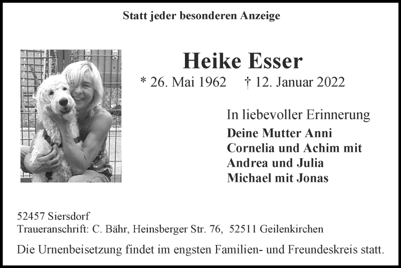  Traueranzeige für Heike Esser vom 16.01.2022 aus Zeitung am Sonntag