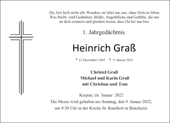 Traueranzeige von Heinrich Graß von Aachener Zeitung / Aachener Nachrichten