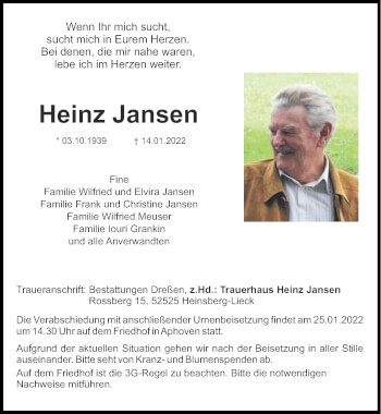 Traueranzeige von Heinz Jansen von Zeitung am Sonntag