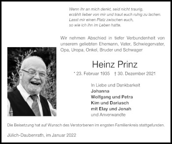 Traueranzeige von Heinz Prinz von Zeitung am Sonntag
