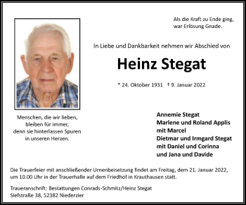 Traueranzeige von Heinz Stegat von Zeitung am Sonntag