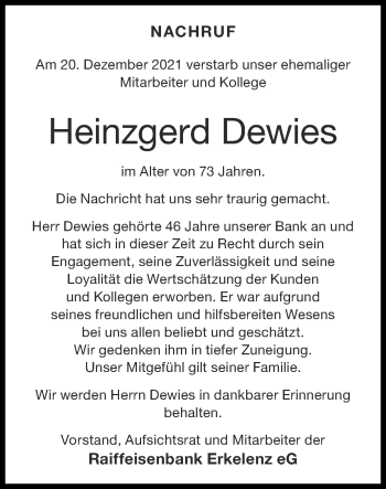Traueranzeige von Heinzgerd Dewies von Zeitung am Sonntag