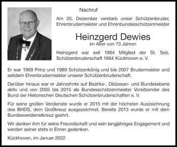 Traueranzeige von Heinzgerd Dewies von Zeitung am Sonntag