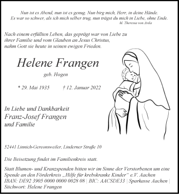 Traueranzeige von Helene Frangen von Zeitung am Sonntag