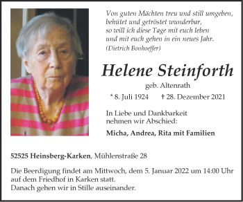 Traueranzeige von Helene Steinforth von Zeitung am Sonntag