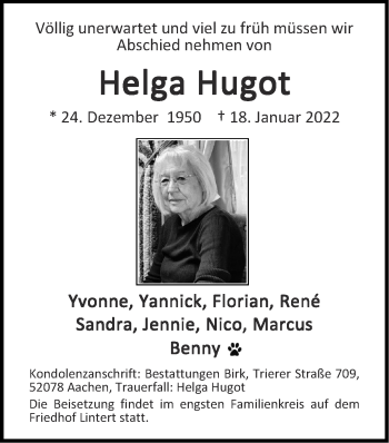 Traueranzeige von Helga Hugot von Zeitung am Sonntag