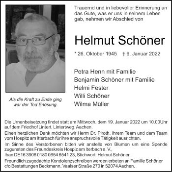 Traueranzeige von Helmut Schöner von Zeitung am Sonntag