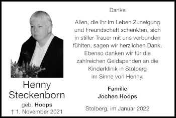 Traueranzeige von Henny Steckenborn von Zeitung am Sonntag