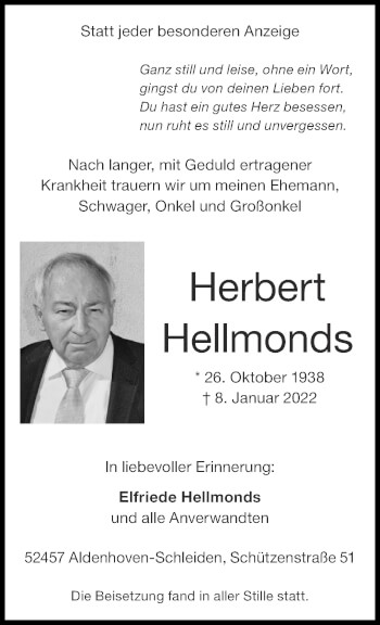 Traueranzeige von Herbert Hellmonds von Zeitung am Sonntag