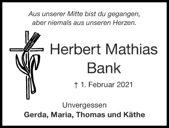 Traueranzeige von Herbert Mathias Bank von Zeitung am Sonntag