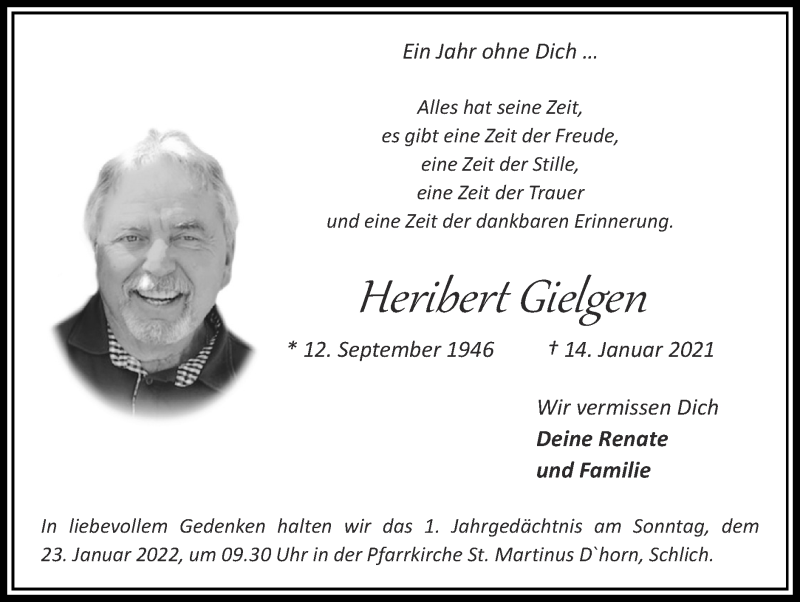  Traueranzeige für Heribert Gielgen vom 16.01.2022 aus Zeitung am Sonntag
