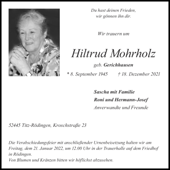 Traueranzeige von Hiltrud Mohrholz von Zeitung am Sonntag