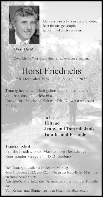 Traueranzeige von Horst Friedrichs von Zeitung am Sonntag