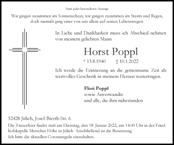 Traueranzeige von Horst Poppl von Zeitung am Sonntag