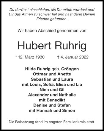 Traueranzeige von Hubert Ruhrig von Zeitung am Sonntag