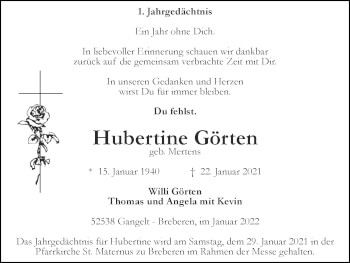 Traueranzeige von Hubertine Görten von Zeitung am Sonntag