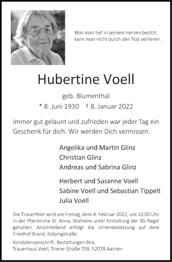 Traueranzeige von Hubertine Voell von Zeitung am Sonntag