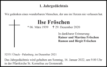 Traueranzeige von Ilse Fröschen von Zeitung am Sonntag