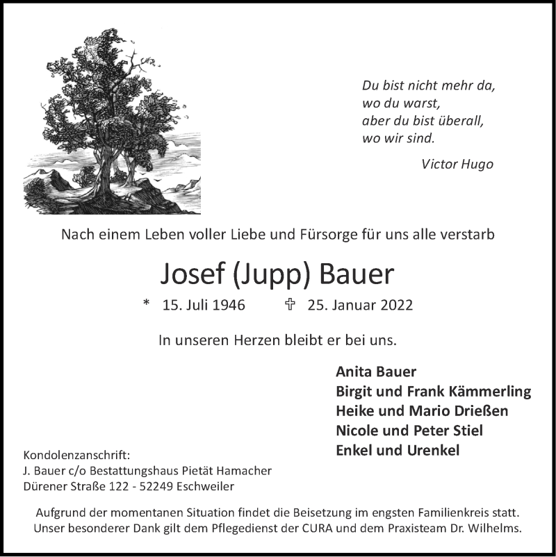  Traueranzeige für Josef Bauer vom 30.01.2022 aus Zeitung am Sonntag