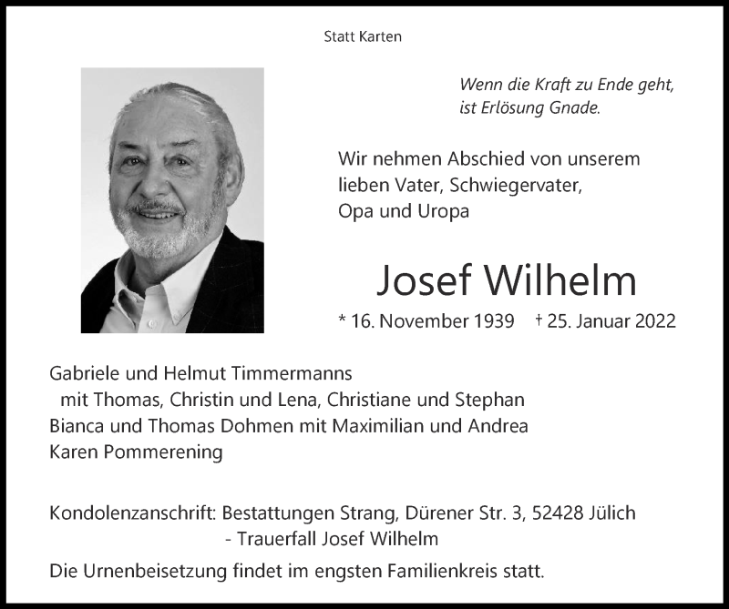  Traueranzeige für Josef Wilhelm vom 30.01.2022 aus Zeitung am Sonntag