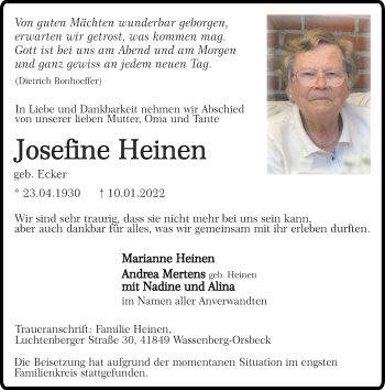 Traueranzeige von Josefine Heinen von Zeitung am Sonntag