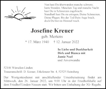 Traueranzeige von Josefine Kreuer von Zeitung am Sonntag