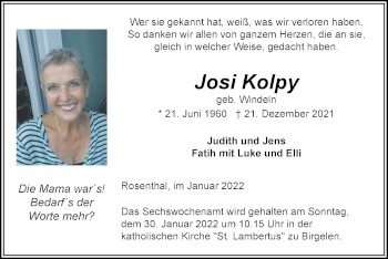 Traueranzeige von Josi Kolpy von Zeitung am Sonntag