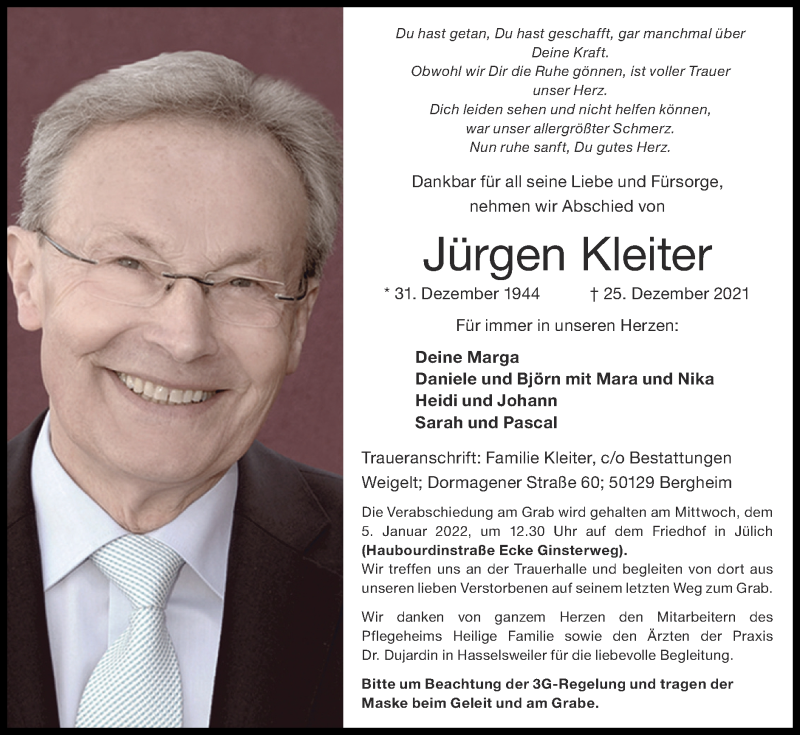  Traueranzeige für Jürgen Kleiter vom 02.01.2022 aus Zeitung am Sonntag