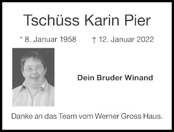 Traueranzeige von Karin Pier von Zeitung am Sonntag