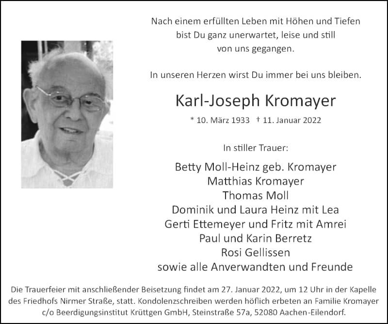  Traueranzeige für Karl-Joseph Kromayer vom 23.01.2022 aus Zeitung am Sonntag