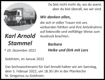 Traueranzeige von Karl Arnold Stammel von Zeitung am Sonntag