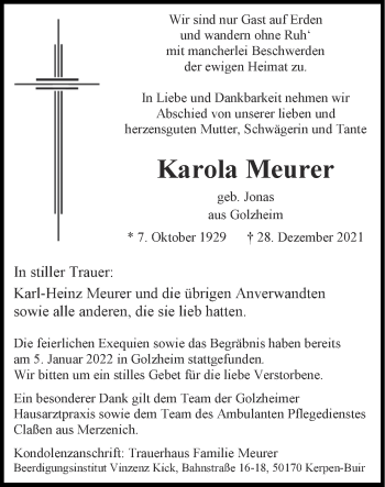 Traueranzeige von Karola Meurer von Zeitung am Sonntag
