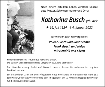 Traueranzeige von Katharina Busch von Zeitung am Sonntag