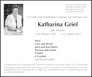 Traueranzeige von Katharina Grief von Zeitung am Sonntag