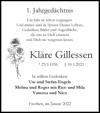 Traueranzeige von Kläre Gillessen von Zeitung am Sonntag