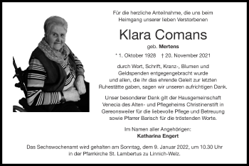 Traueranzeige von Klara Comans von Zeitung am Sonntag