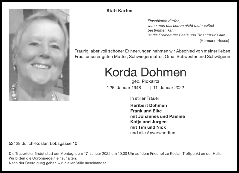  Traueranzeige für Korda Dohmen vom 15.01.2022 aus Aachener Zeitung / Aachener Nachrichten