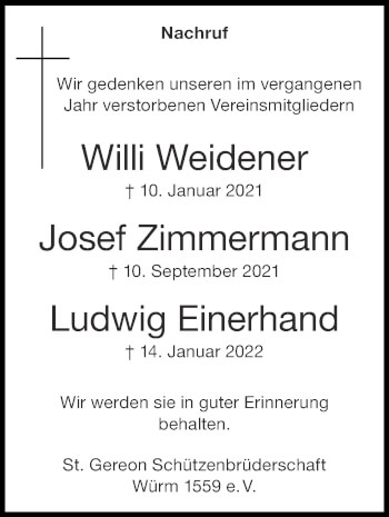 Traueranzeige von Ludwig Einerhand von Zeitung am Sonntag