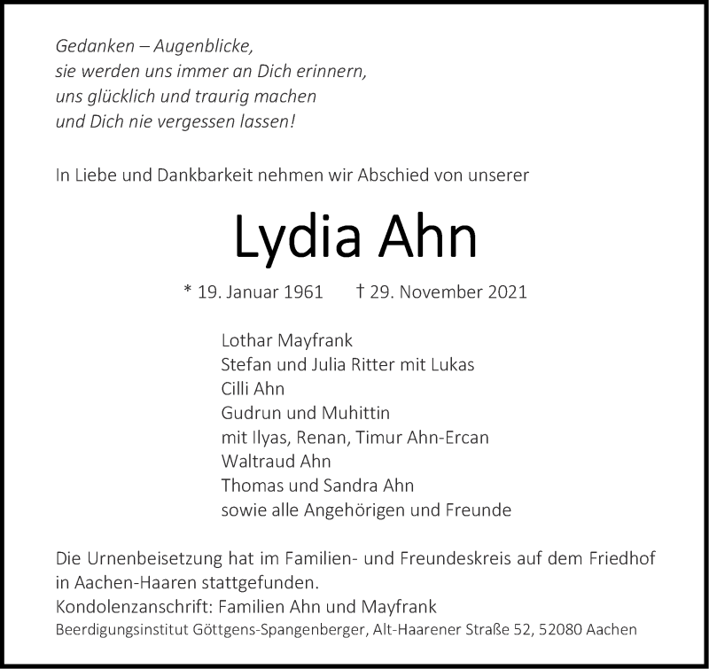  Traueranzeige für Lydia Ahn vom 15.01.2022 aus Aachener Zeitung / Aachener Nachrichten