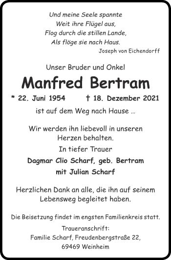 Traueranzeige von Manfred Bertram von Zeitung am Sonntag
