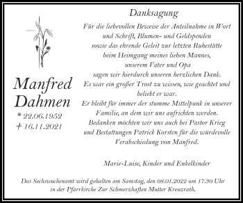 Traueranzeige von Manfred Dahmen von Zeitung am Sonntag