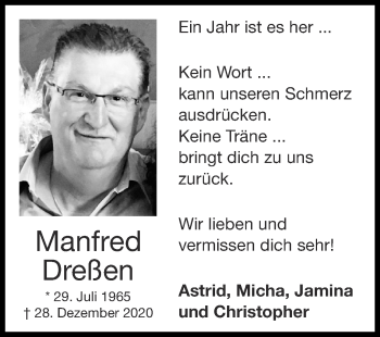 Traueranzeige von Manfred Dreßen von Zeitung am Sonntag