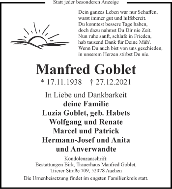 Traueranzeige von Manfred Goblet von Aachener Zeitung / Aachener Nachrichten