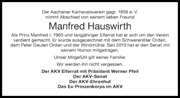 Traueranzeige von Manfred Hauswirth von Aachener Zeitung / Aachener Nachrichten
