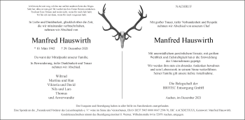 Traueranzeige von Manfred Hauswirth von Aachener Zeitung / Aachener Nachrichten